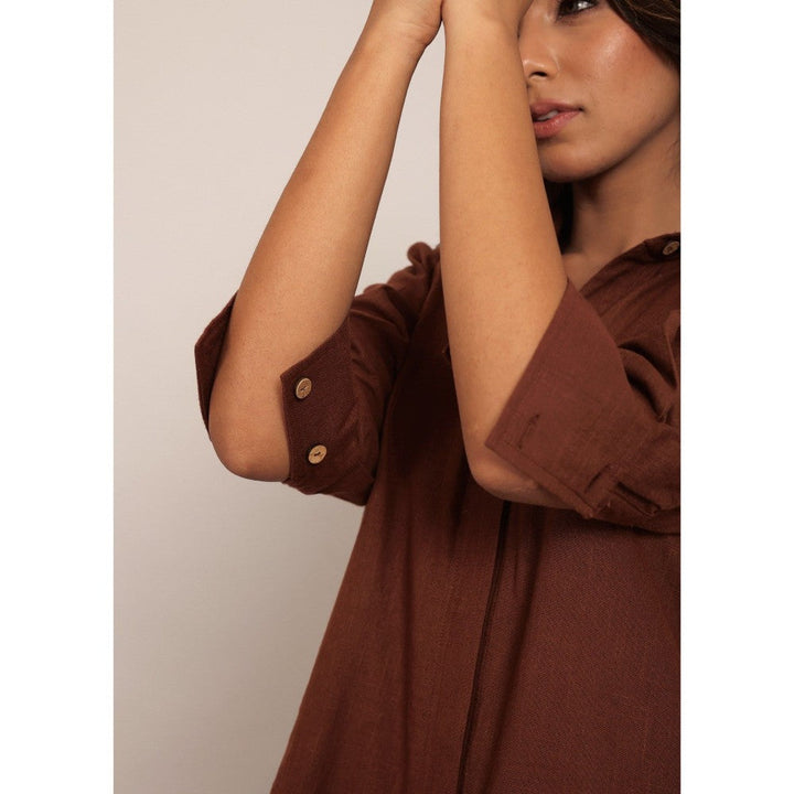 Kaori By Shreya Brown Solid Relaxed Front Collar Shirt