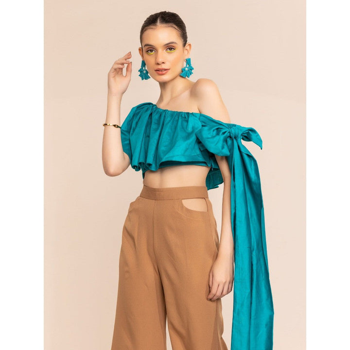 Kaori By Shreya Aqua Blue One Shoulder Side Tie Up Crop Top