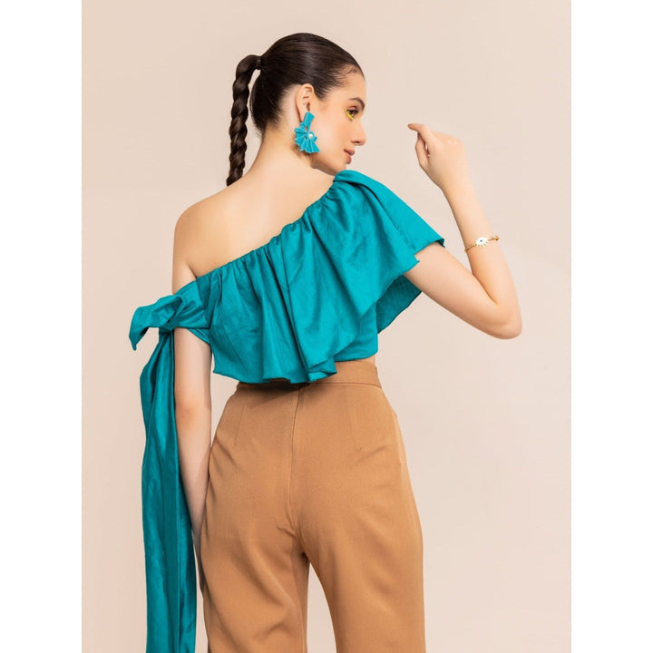 Kaori By Shreya Aqua Blue One Shoulder Side Tie Up Crop Top