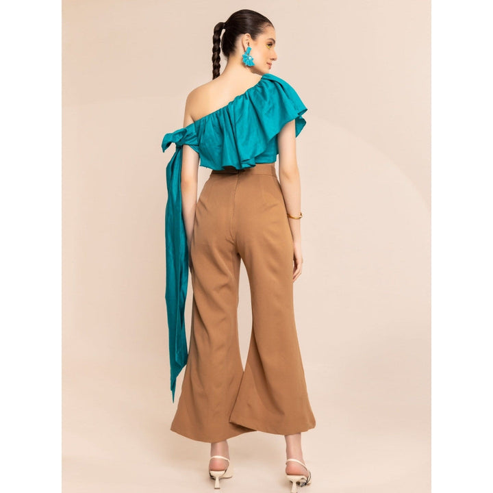 Kaori By Shreya Aqua Blue One Shoulder Side Tie Up Crop Top