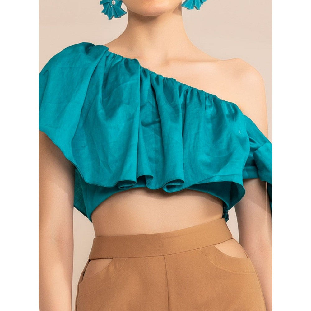 Kaori By Shreya Aqua Blue One Shoulder Side Tie Up Crop Top