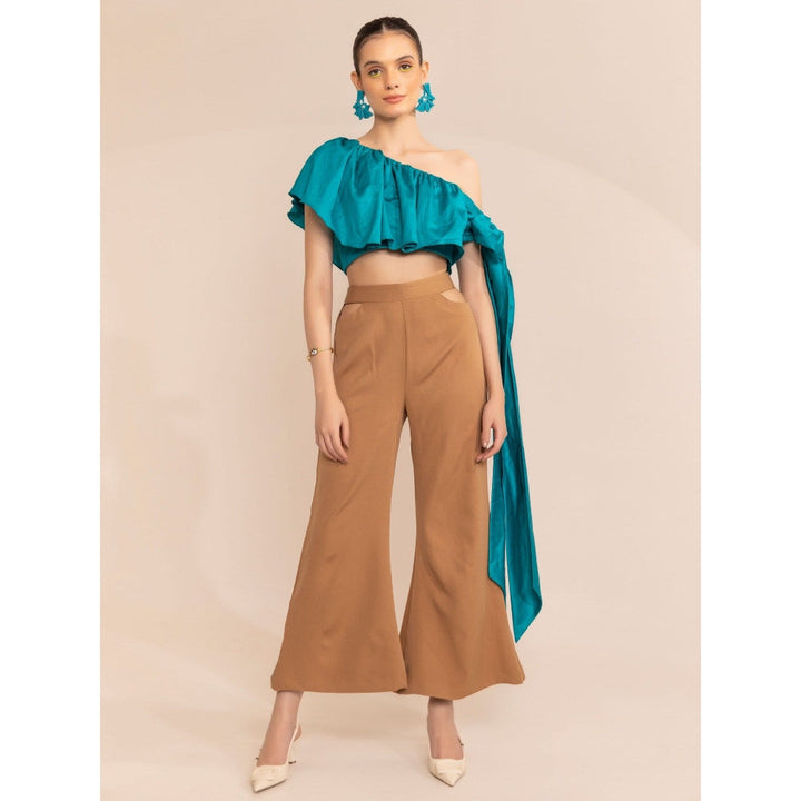 Kaori By Shreya Aqua Blue One Shoulder Side Tie Up Crop Top