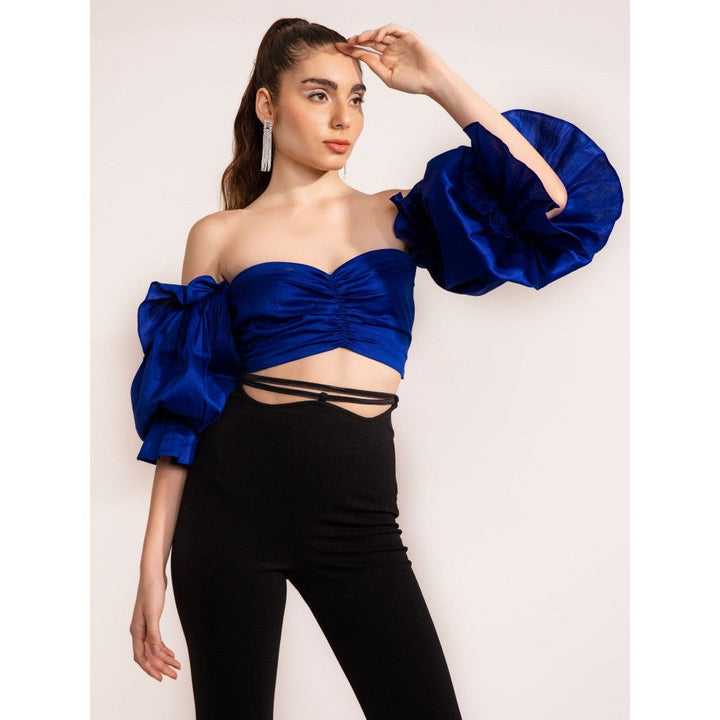 Kaori By Shreya Blue Off Shoulder Ruffle Sleeve Crop Top