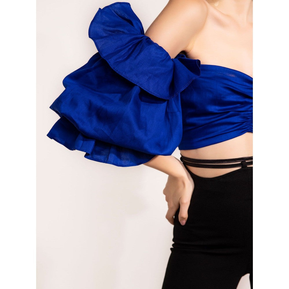 Kaori By Shreya Blue Off Shoulder Ruffle Sleeve Crop Top