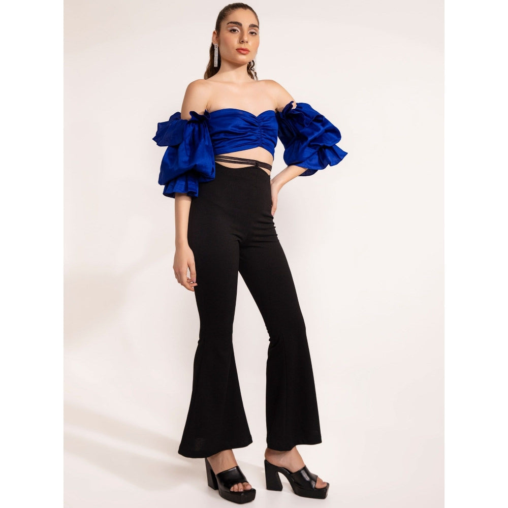 Kaori By Shreya Blue Off Shoulder Ruffle Sleeve Crop Top