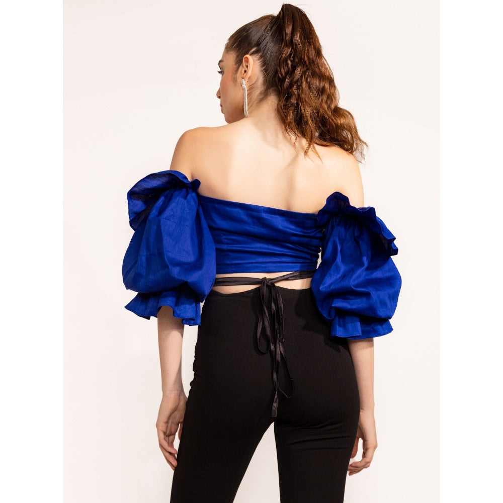 Kaori By Shreya Blue Off Shoulder Ruffle Sleeve Crop Top