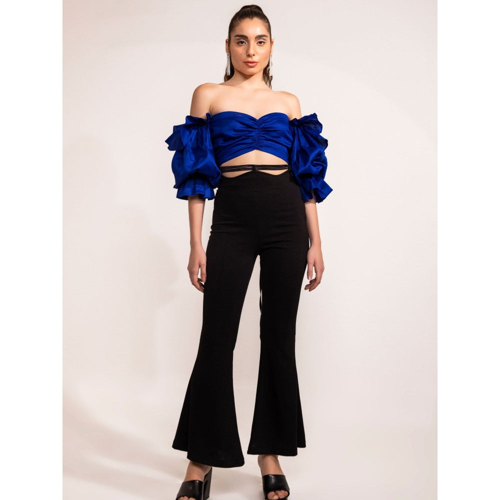 Kaori By Shreya Blue Off Shoulder Ruffle Sleeve Crop Top