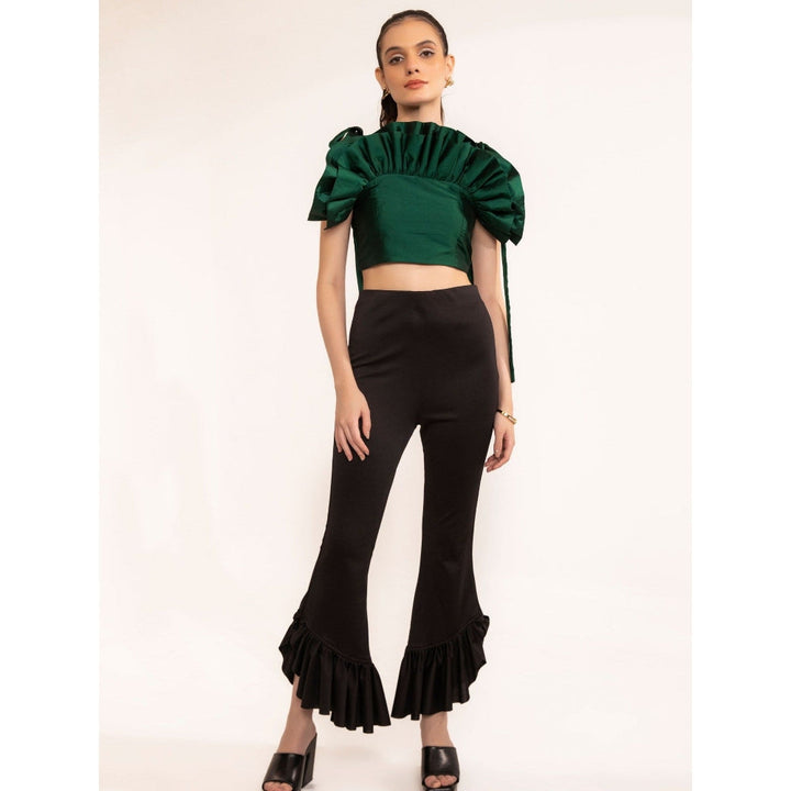 Kaori By Shreya Emerald Green Shoulder Pleated Tie-Up Crop Top