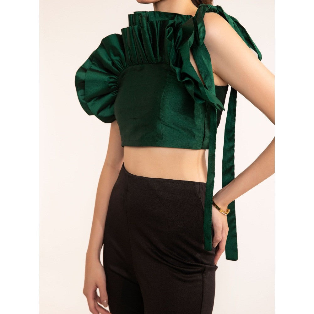 Kaori By Shreya Emerald Green Shoulder Pleated Tie-Up Crop Top