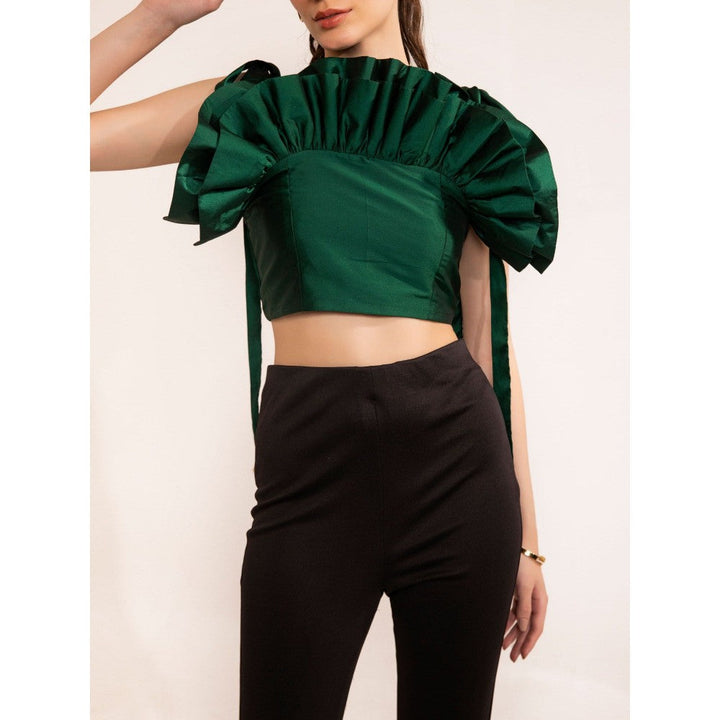 Kaori By Shreya Emerald Green Shoulder Pleated Tie-Up Crop Top