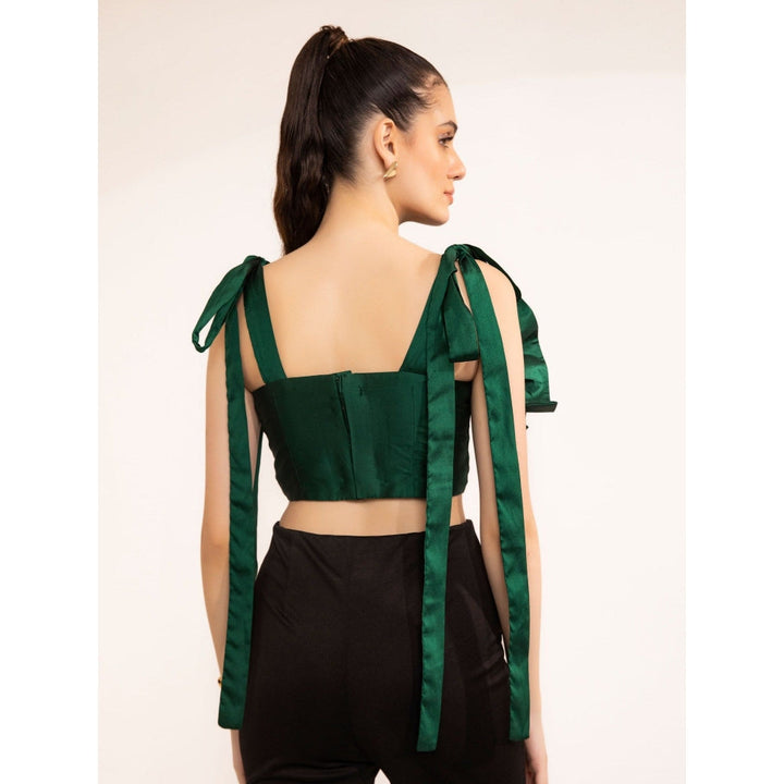 Kaori By Shreya Emerald Green Shoulder Pleated Tie-Up Crop Top