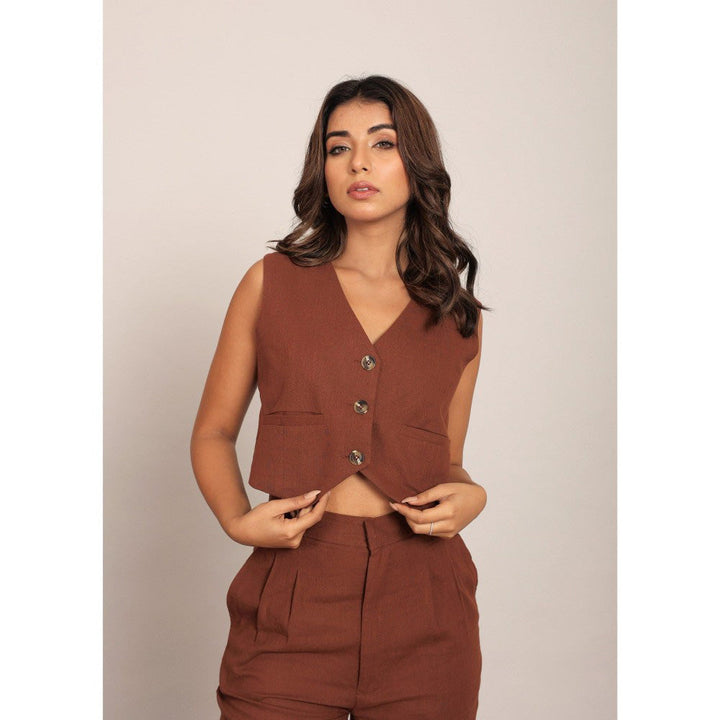 Kaori By Shreya Brown Solid Relaxed 2 Pockets Waistcoat