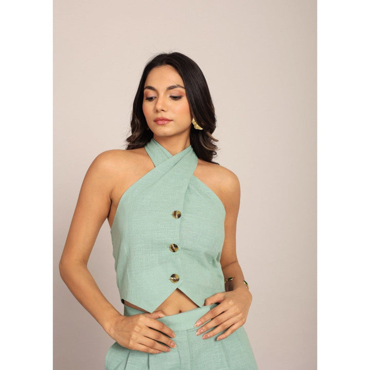 Kaori By Shreya Mint Green Solid Fitted Front Closer Crop Top