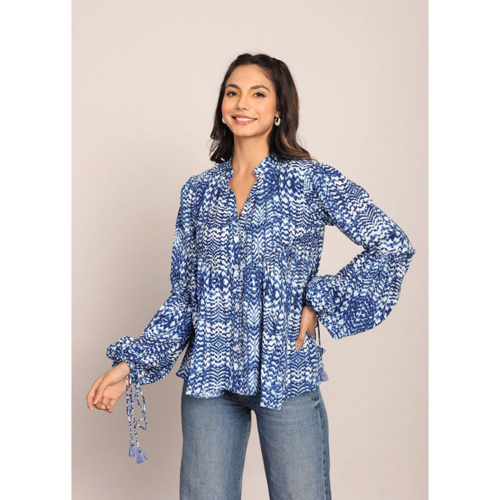 Kaori By Shreya Blue And White Full Sleeve Collared Top