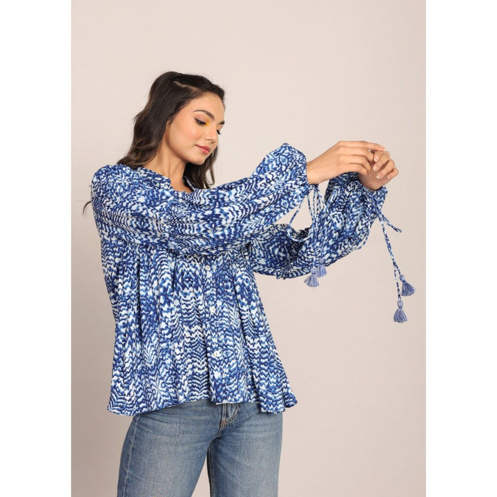 Kaori By Shreya Blue And White Full Sleeve Collared Top