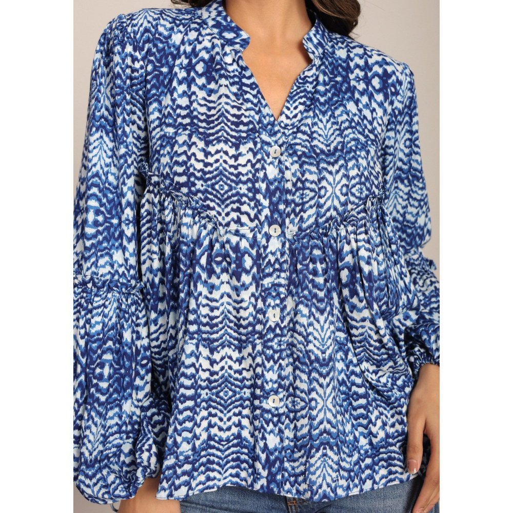 Kaori By Shreya Blue And White Full Sleeve Collared Top