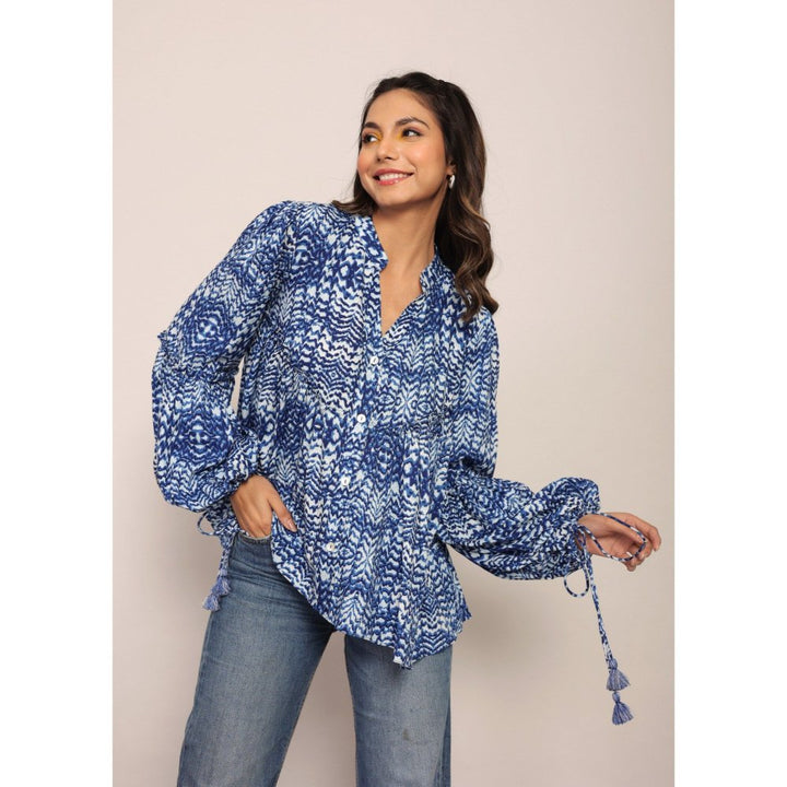 Kaori By Shreya Blue And White Full Sleeve Collared Top