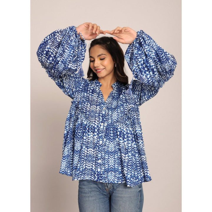 Kaori By Shreya Blue And White Full Sleeve Collared Top