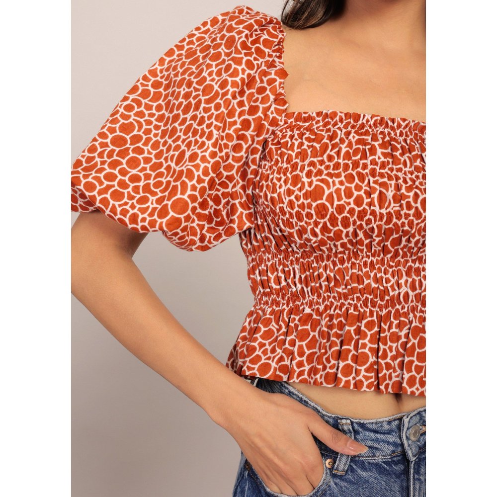 Kaori By Shreya Brown & White Volume Sleeves Crop Top