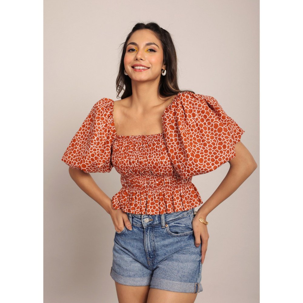 Kaori By Shreya Brown & White Volume Sleeves Crop Top