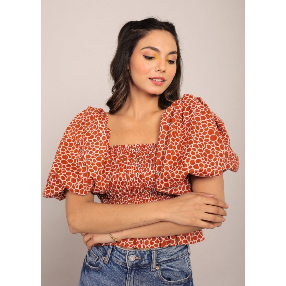 Kaori By Shreya Brown & White Volume Sleeves Crop Top