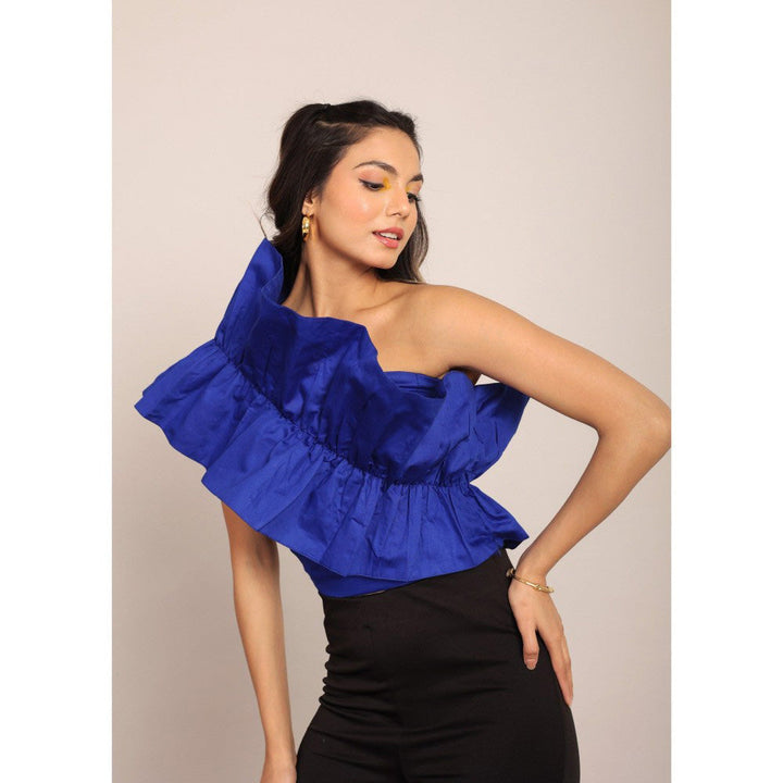 Kaori By Shreya Blue Solid One Sholder Off Crop Top