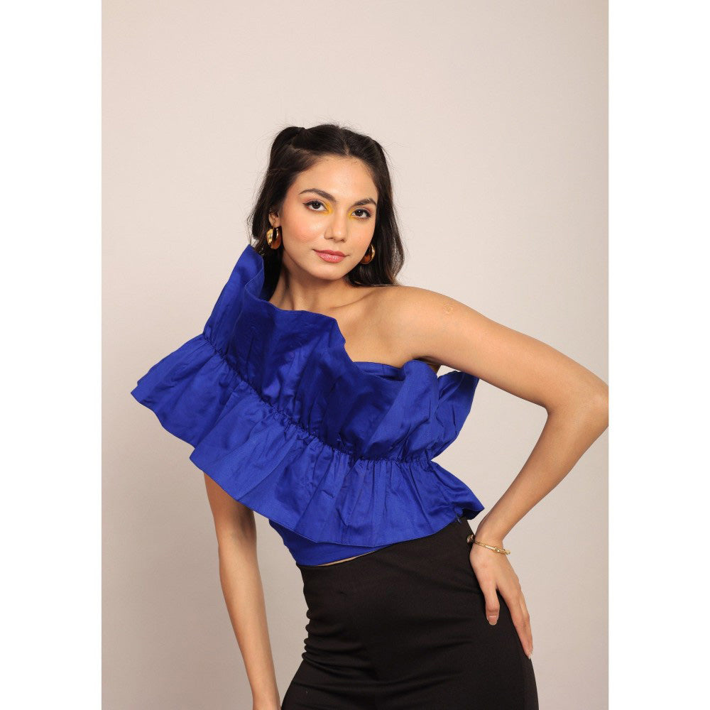 Kaori By Shreya Blue Solid One Sholder Off Crop Top