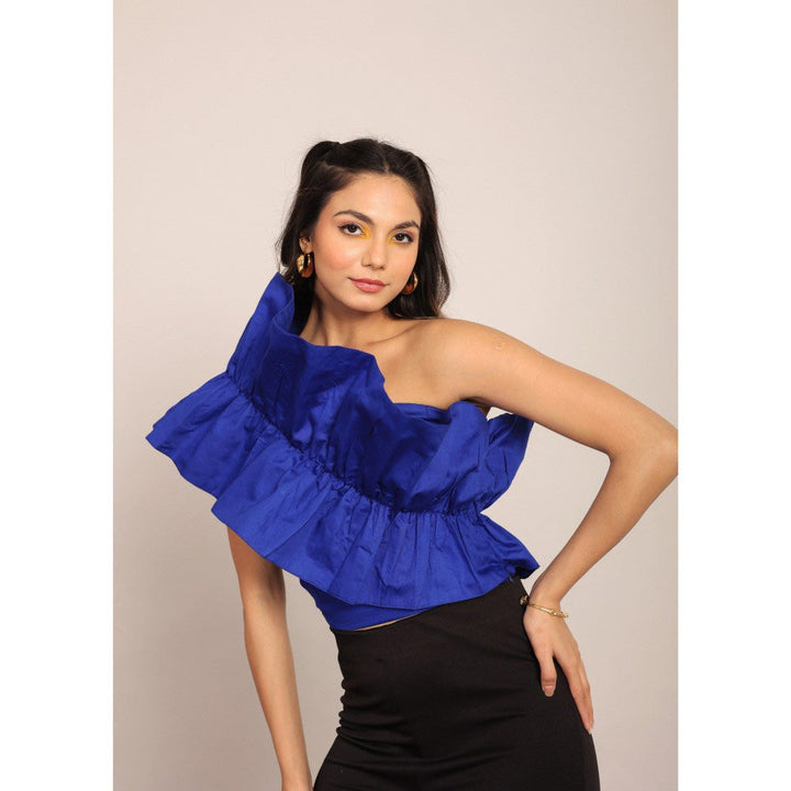 Kaori By Shreya Blue Solid One Sholder Off Crop Top