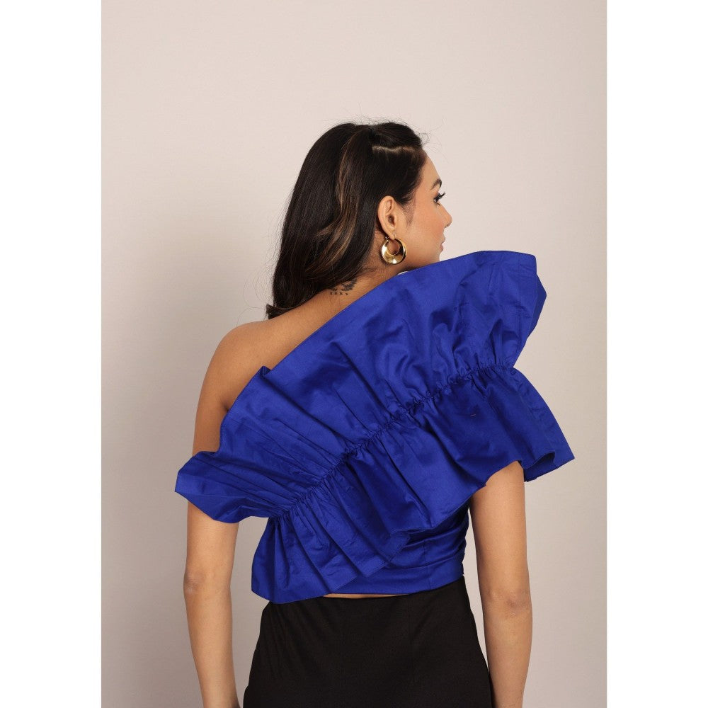 Kaori By Shreya Blue Solid One Sholder Off Crop Top