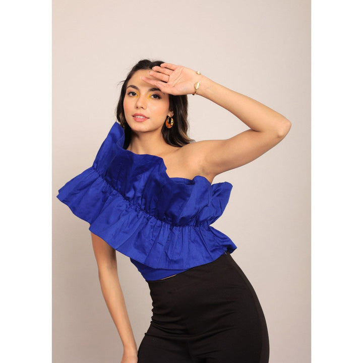 Kaori By Shreya Blue Solid One Sholder Off Crop Top