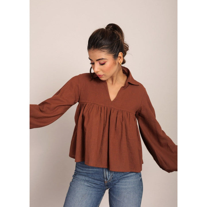 Kaori By Shreya Brown Solid Collar Neckline Top