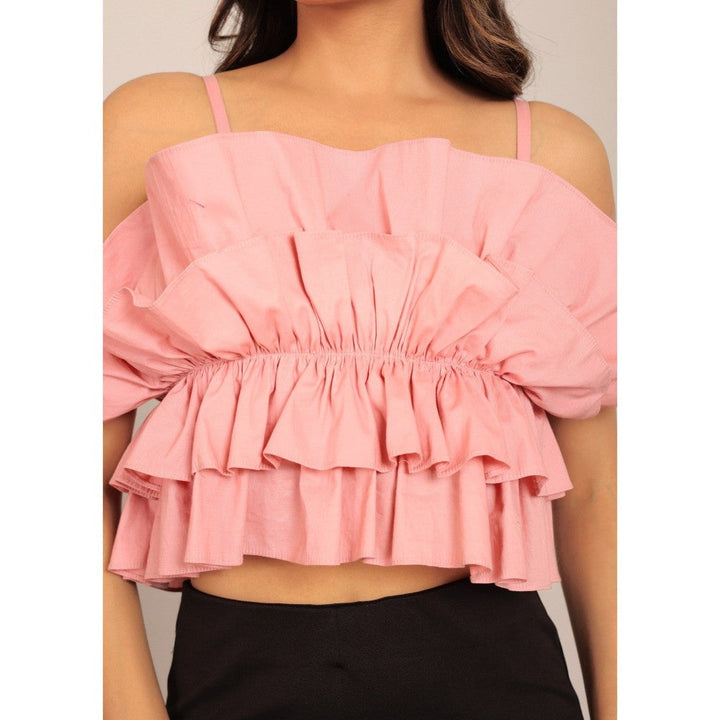 Kaori By Shreya Pink Solid Sleeve Less Summer Crop Top