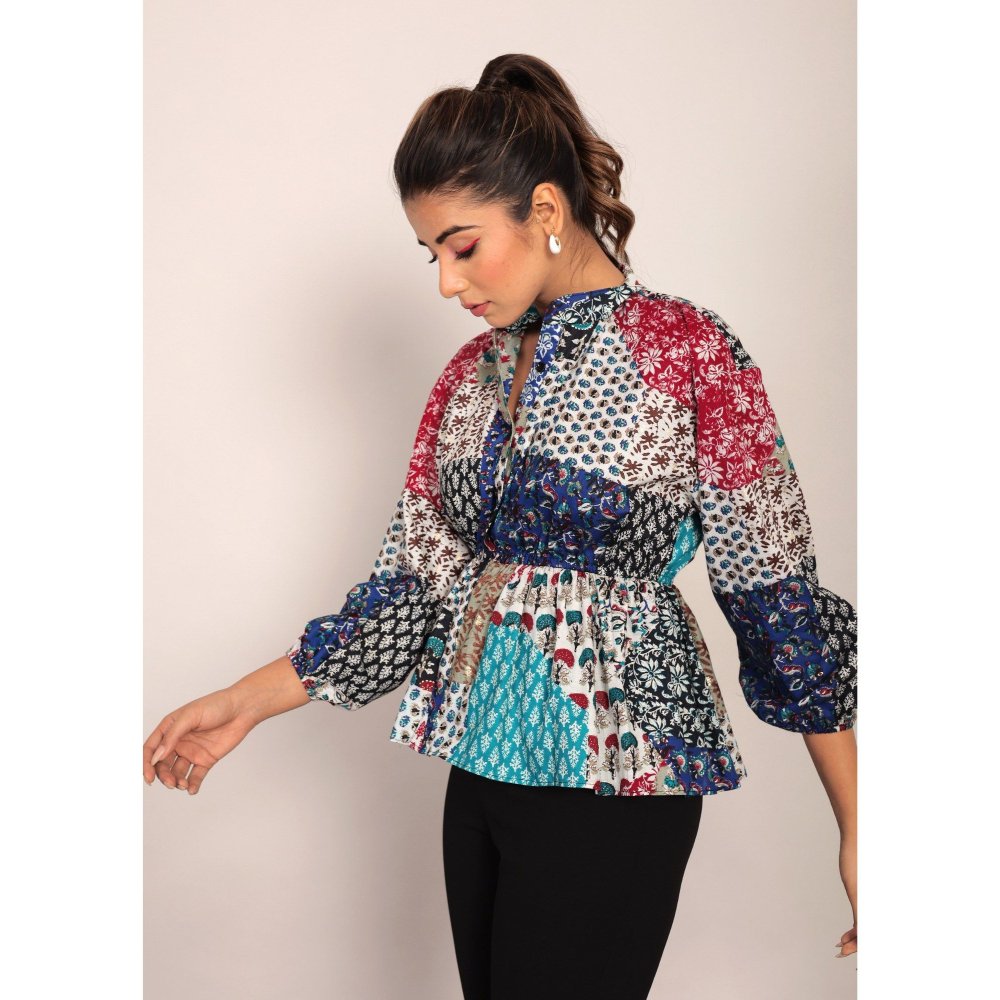 Kaori By Shreya Multi-Color Geometric Waist Fitted Top