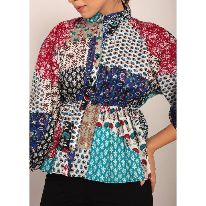 Kaori By Shreya Multi-Color Geometric Waist Fitted Top