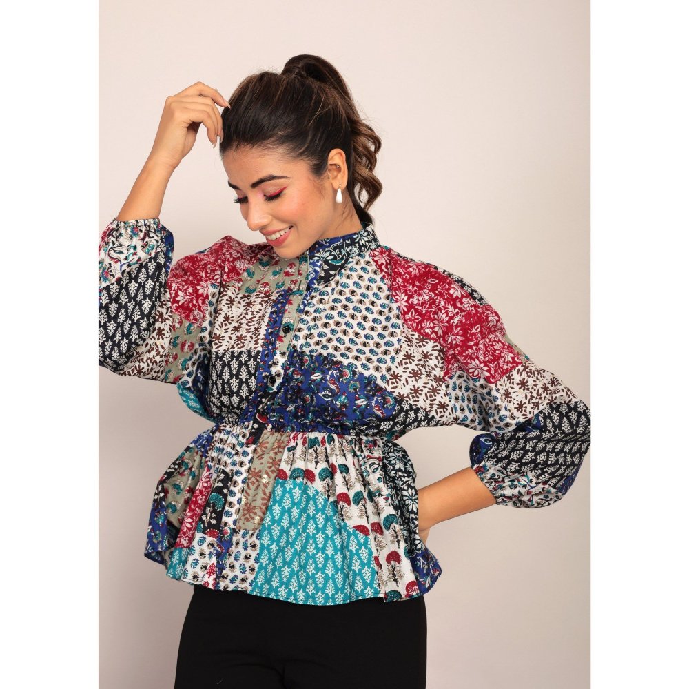 Kaori By Shreya Multi-Color Geometric Waist Fitted Top