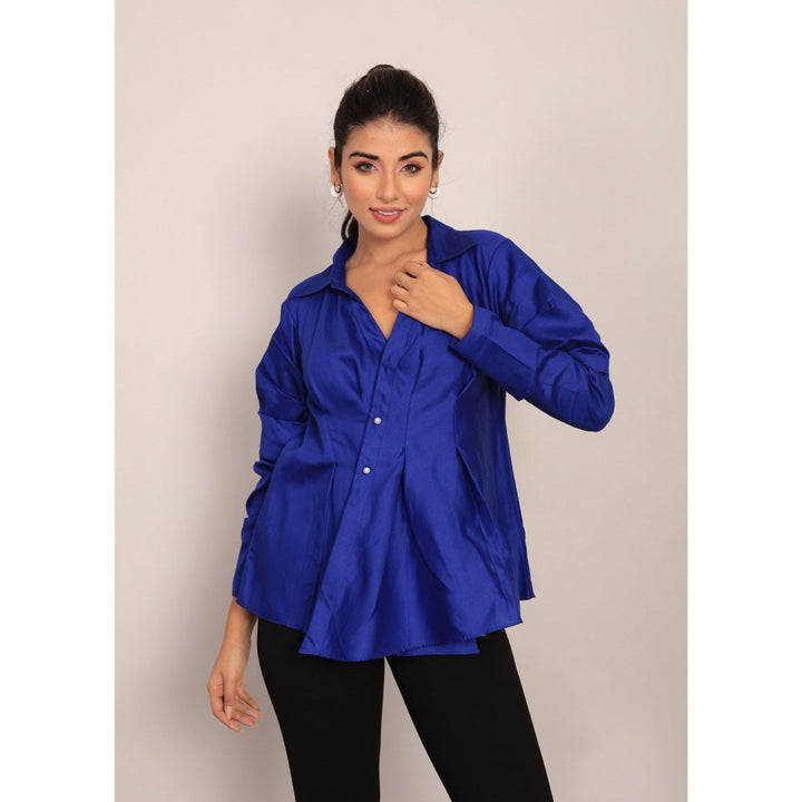 Kaori By Shreya Blue Solid Summer Relaxed Collar Top