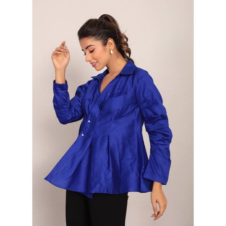 Kaori By Shreya Blue Solid Summer Relaxed Collar Top