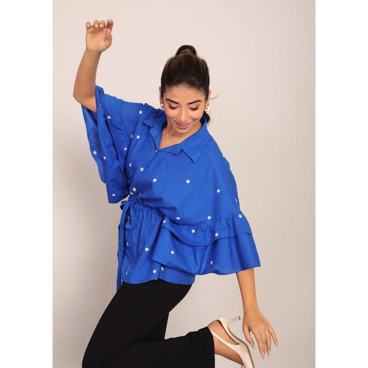 Kaori By Shreya Blue Solid Summer Relaxed Waist Tie Top