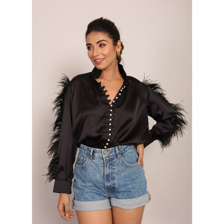 Kaori By Shreya Black Feather Sleeves Pearl Button Top