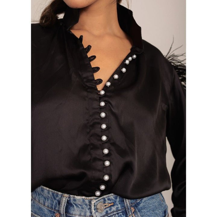 Kaori By Shreya Black Feather Sleeves Pearl Button Top