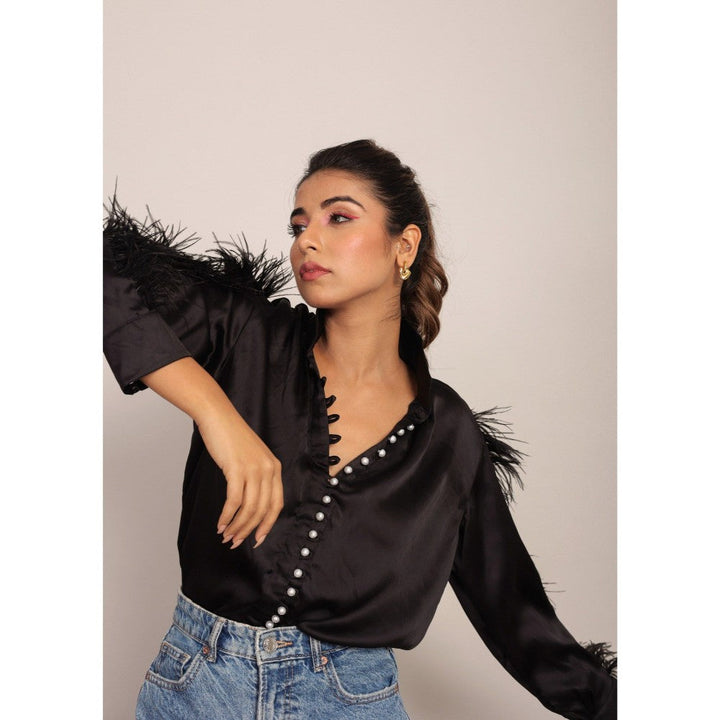 Kaori By Shreya Black Feather Sleeves Pearl Button Top