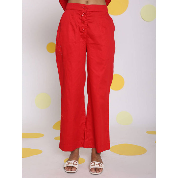 Kaori By Shreya Red Relaxed Wide Leg 100% Cotton Pants