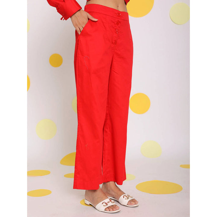 Kaori By Shreya Red Relaxed Wide Leg 100% Cotton Pants