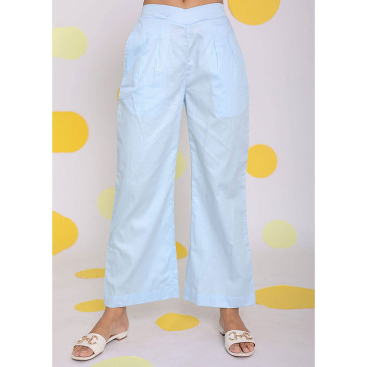 Kaori By Shreya Sky Blue Casual Wide Leg Cotton Pants