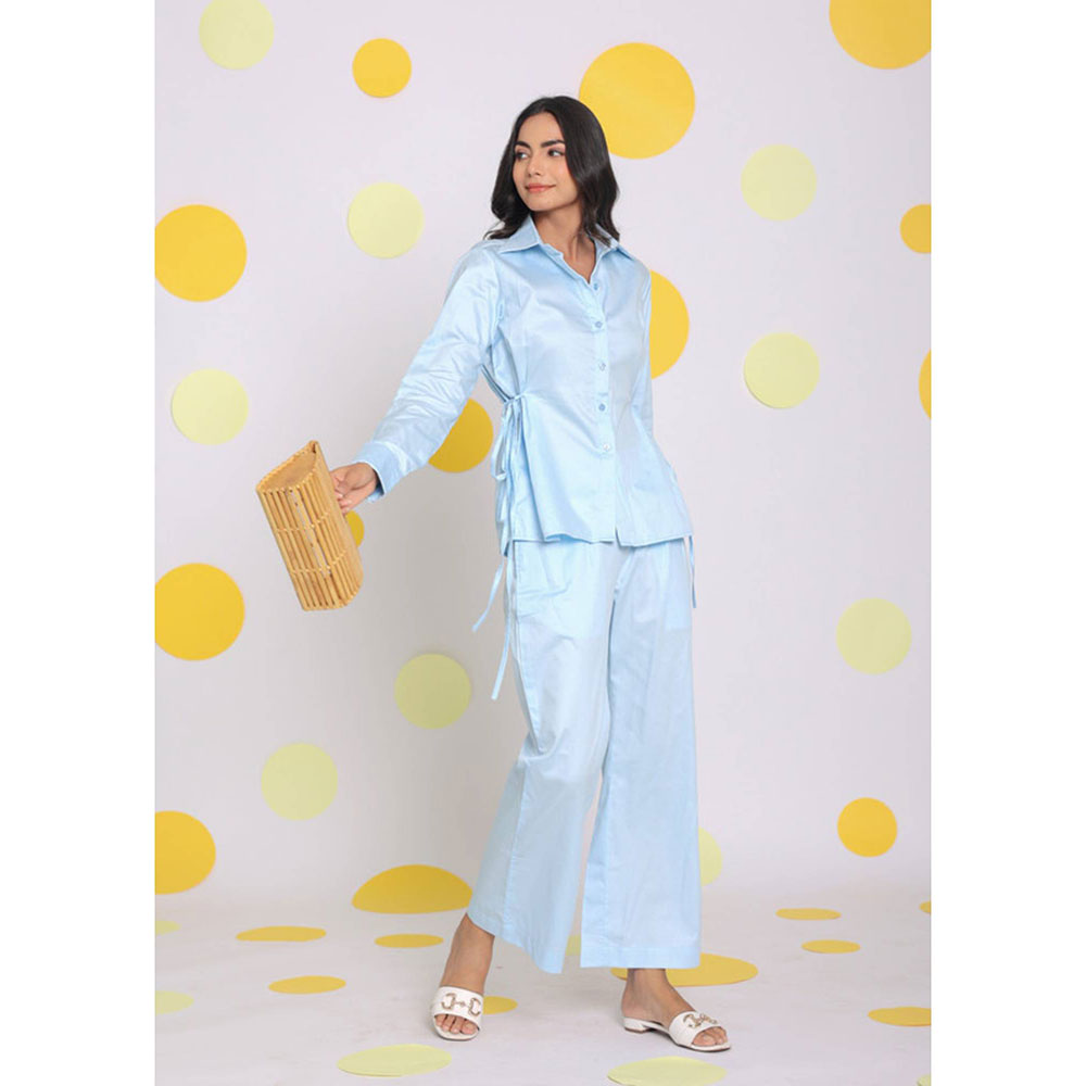 Kaori By Shreya Sky Blue Casual Wide Leg Cotton Pants