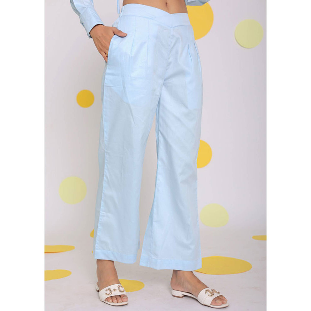 Kaori By Shreya Sky Blue Casual Wide Leg Cotton Pants