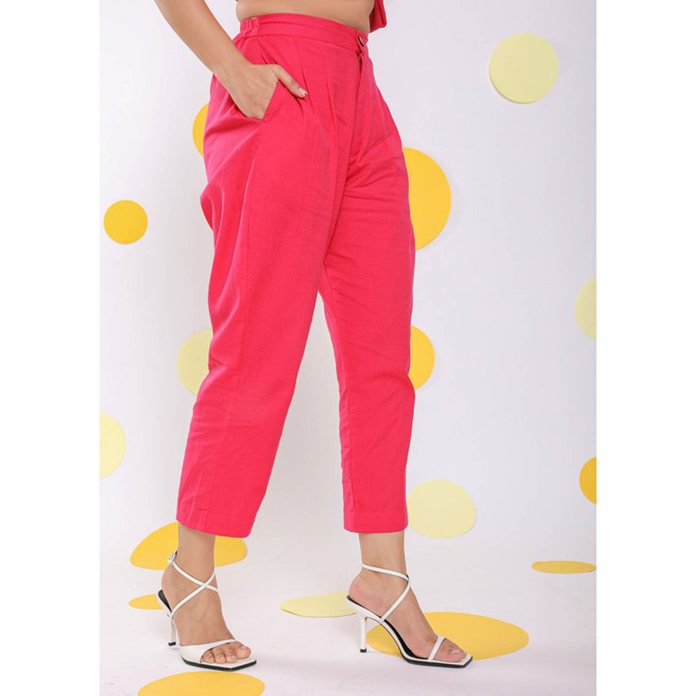 Kaori By Shreya Hot Pink Relaxed Formal 100% Cotton Pants