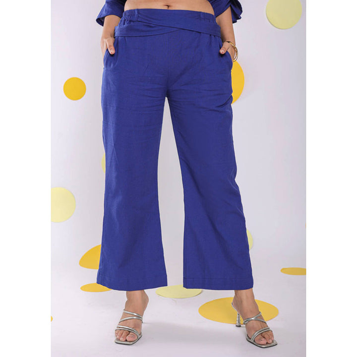 Kaori By Shreya Royal Blue Waist Cross Tie Up Linen Pants