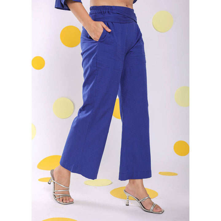 Kaori By Shreya Royal Blue Waist Cross Tie Up Linen Pants