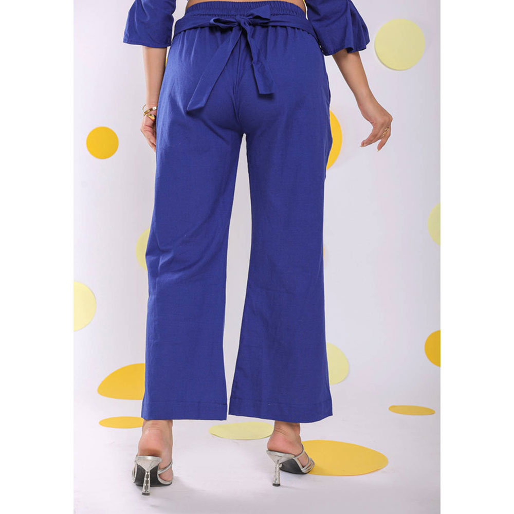 Kaori By Shreya Royal Blue Waist Cross Tie Up Linen Pants